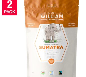 William Spartivento Sumatra Medium-Dark Roast Fair Trade and Organic Whole Bean Coffee, 2 x 1 kg
