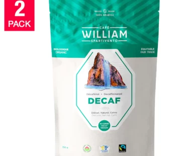 William Spartivento Naturally Decaffeinated Medium Roast Fair Trade and Organic Whole Bean Coffee, 2 x 750 g