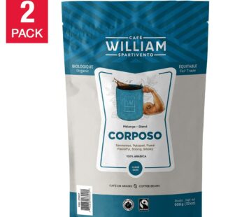 William Spartivento Corposo Dark Roast Fair Trade and Organic Whole Bean Coffee, 2 x 908 g